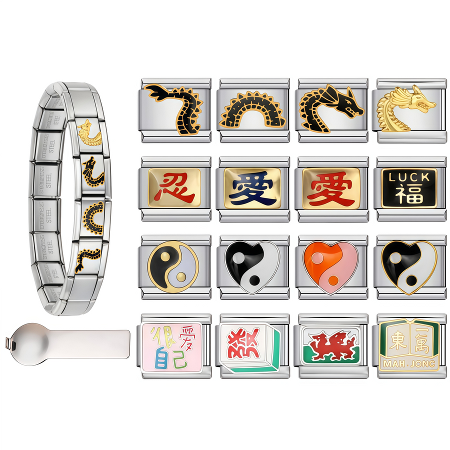 Mahjong Italian Charm Bracelet, Stainless Steel, Dragon and Yin-Yang Charms, Interchangeable