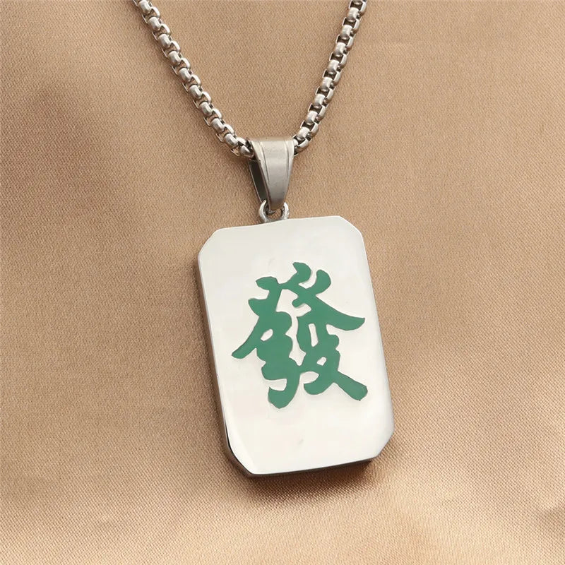 Mahjong Pendant Necklace with Green Fa Character, Stainless Steel, Geometric, Men's, view 6