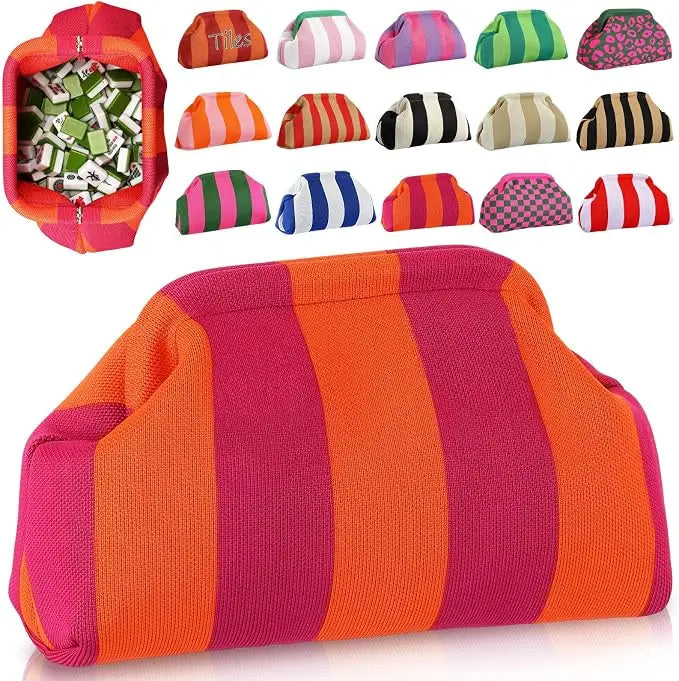 Mahjong Zipper Pouch, Striped Knit Storage Bag for Tiles, Dice and Scoring Chips, Multicolor