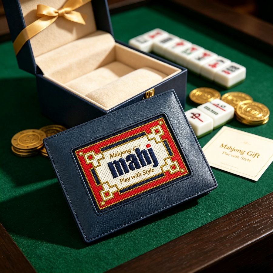 Self-Finishing Needlepoint Mahjong Card Holder, PU Leather, DIY Embroidery, with Sticker