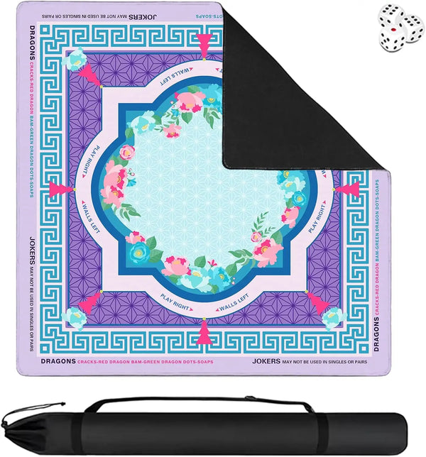 Mahjong Mat with Black Travel Bag, Natural Rubber Non-Slip Backing, Waterproof, Purple Lotus
