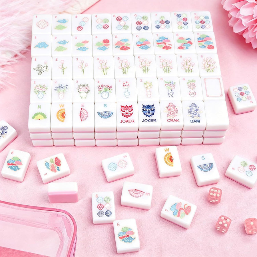 American Mahjong Tile Set, 162 Tiles, 3D Engraved Melamine, Storage Bag and Dice, Pink, view 6