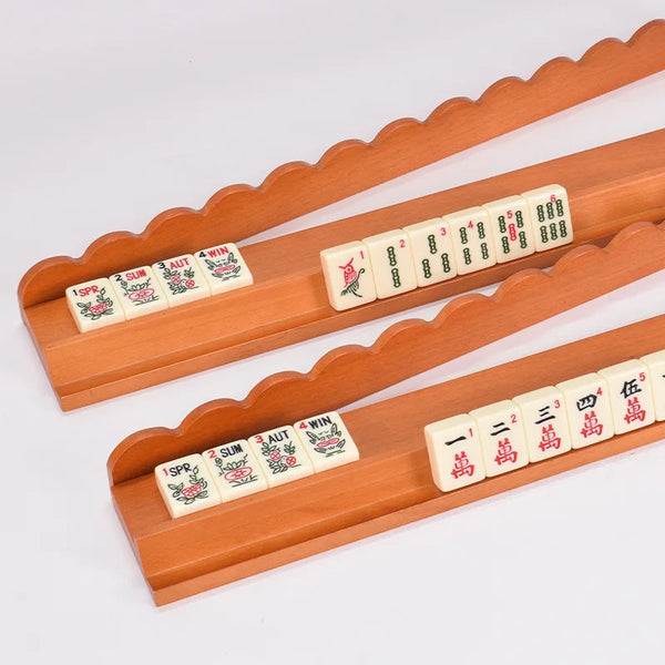 American Mahjong Racks and Pushers, Set of 4, 17.25 Inch Wave Edge Natural Wood