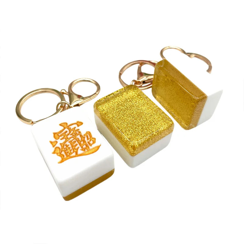 Mini Mahjong Tile Keychain, Red Dragon, Green Dragon and White Dragon Designs, Acrylic and Metal, view 3