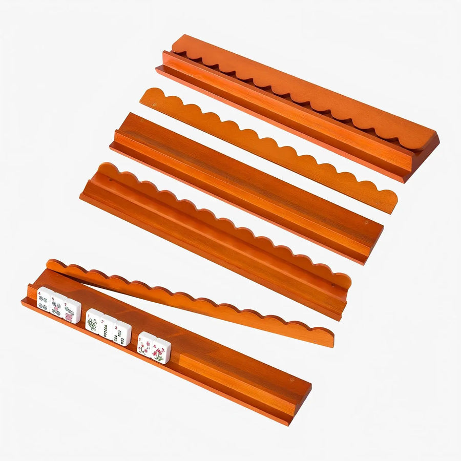 Mahjong Racks and Pushers, Set of 4, 17 Inch Foldable Magnetic Natural Solid Wood, Wave Edge