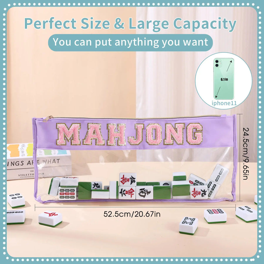 Mahjong Storage Pouches, Clear PVC Zipper Bags with Chenille Letters, for Tiles, Racks and Coins, view 3