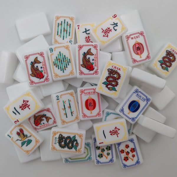 American Mahjong Set, White Crystal Engraved Tiles, Red Koi Jokers, Lantern Wind Tiles
