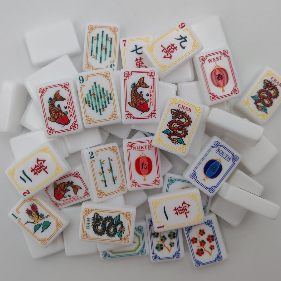 American Mahjong Set, White Crystal Engraved Tiles, Red Koi Jokers, Lantern Wind Tiles