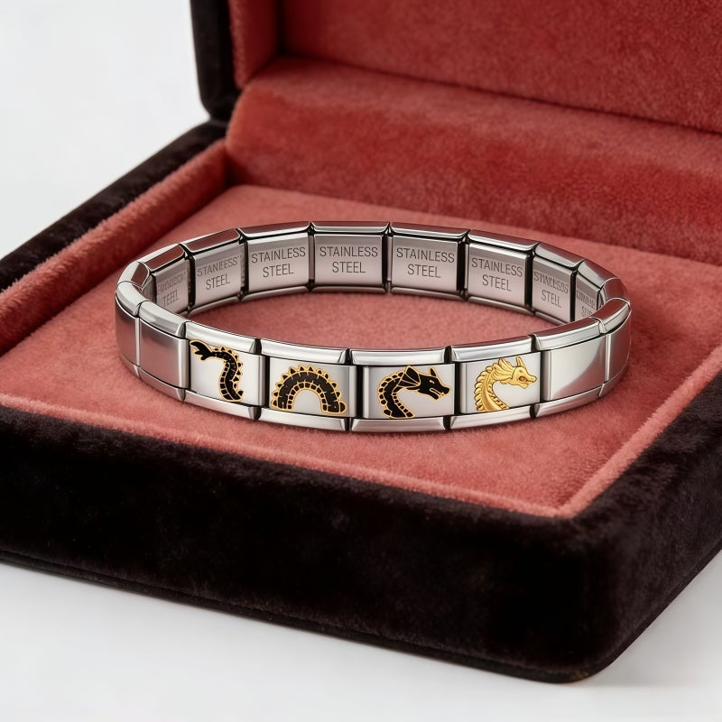 Mahjong Italian Charm Bracelet, Stainless Steel, Dragon and Yin-Yang Charms, Interchangeable, view 3