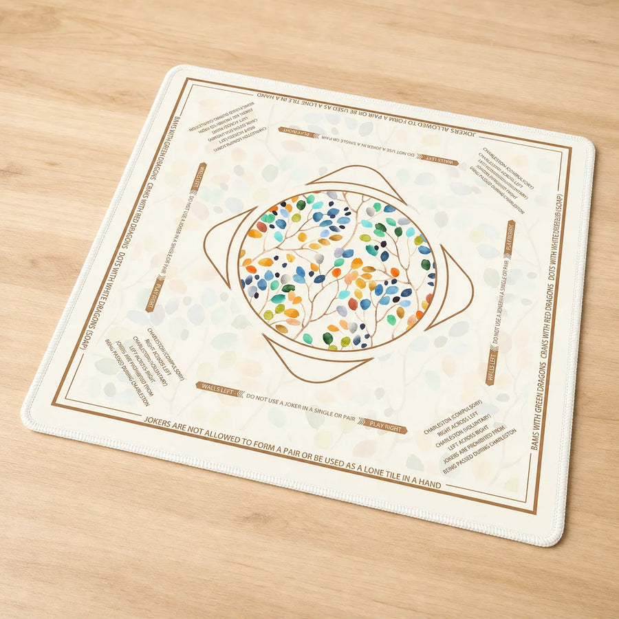 Round Mahjong Mat for 4 Players, Rubber, Non-Slip, Stitched Edge, Watercolor Leaf, view 2