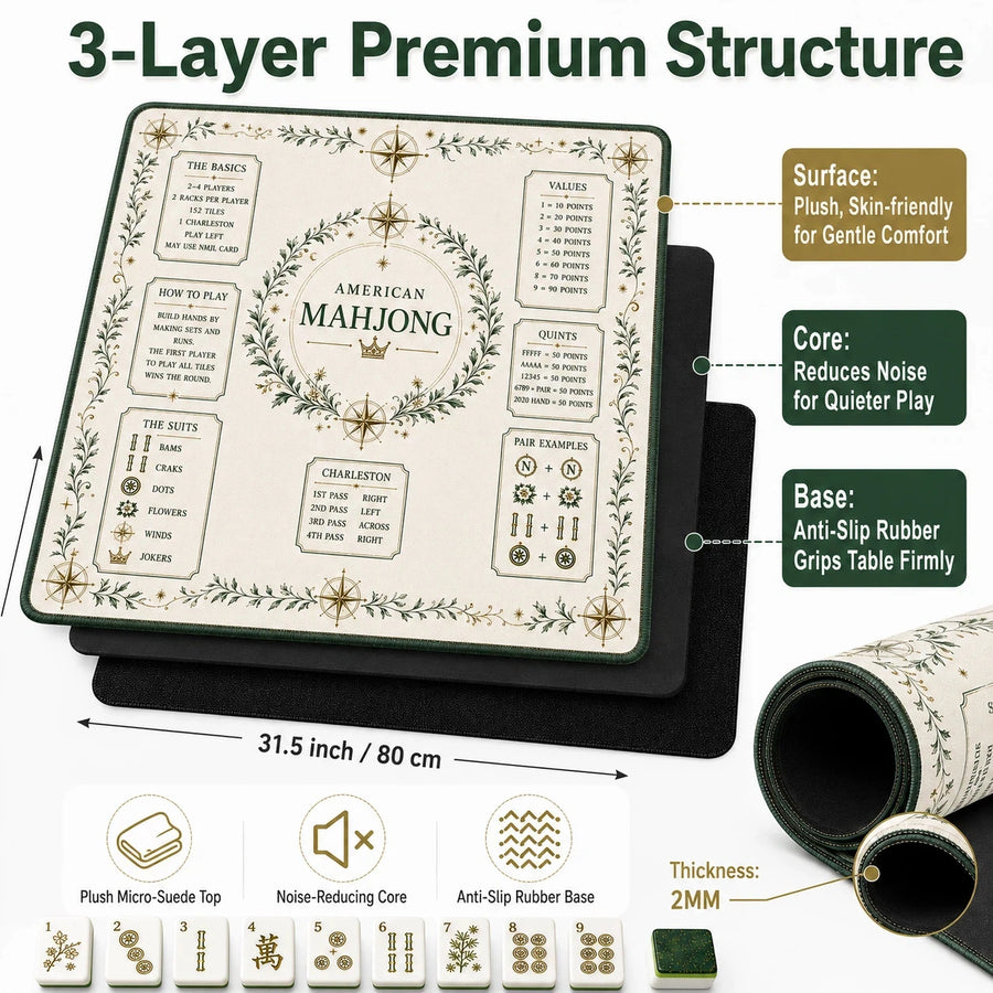 Mahjong Table Mat with Travel Bag, Neoprene, Noise Reducing, Forest Green Laurel Wreath, view 4