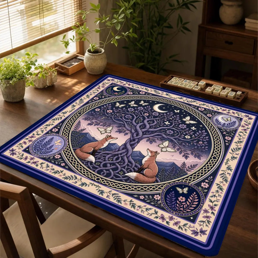 Mahjong Mat with Storage Bag, Neoprene, Non-Slip, Noise Reducing, Celtic Tree of Life, Fox, Moon and Butterfly, view 3