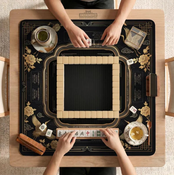 American Mahjong Mat with Carry Bag, Neoprene, Non-Slip, Noise Reducing, Black and Gold Crane and Peony