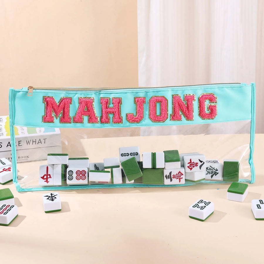 Mahjong Tile Storage Bag, Clear with Velvet Lining, Foldable, Mint Green
