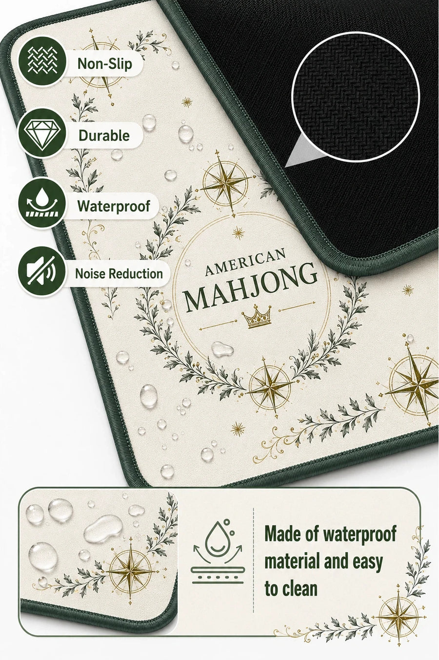 Mahjong Table Mat with Travel Bag, Neoprene, Noise Reducing, Forest Green Laurel Wreath, view 6