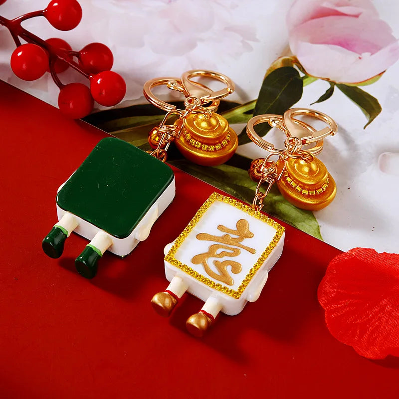 Mahjong Tile Keychain, Resin with Rhinestones, Ruyi Ingot Bag Charm, 2.1 x 1.4 Inch, 2 Styles, view 4