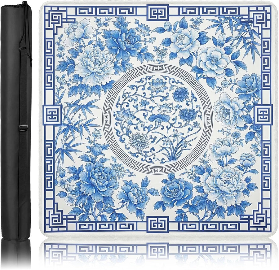 Mahjong Mat with Carrying Case, Rubber, Non-Slip, Wrinkle-Free, Blue and White Chinoiserie Peony
