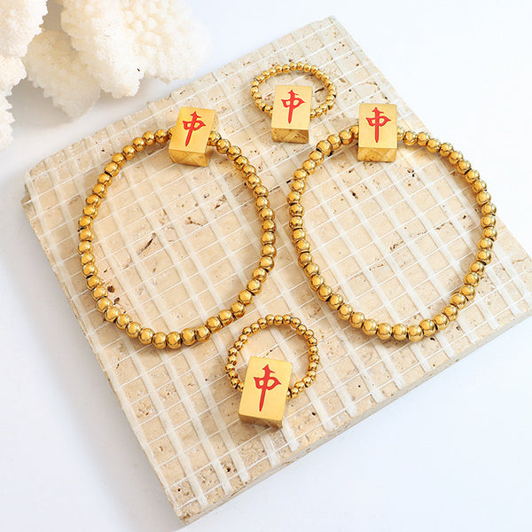 Mahjong Elastic Rope Ring Bracelet, Stainless Steel, 18K Gold Plated, Ethnic Style