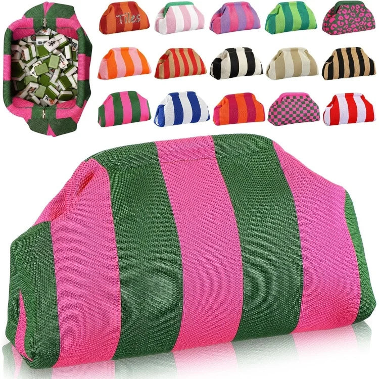 Mahjong Zipper Pouch, Striped Knit Storage Bag for Tiles, Dice and Scoring Chips, Multicolor