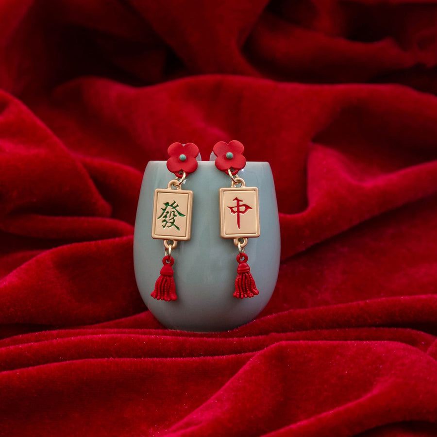 Mahjong Tassel Drop Earrings, Asymmetric, Red Flower, 1.2 x 4.7 cm, view 2