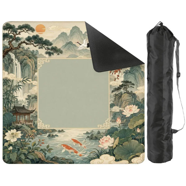 American Mahjong Mat with Carry Bag, Non-Slip Rubber, Shan Shui Landscape with Crane, Koi and Lotus