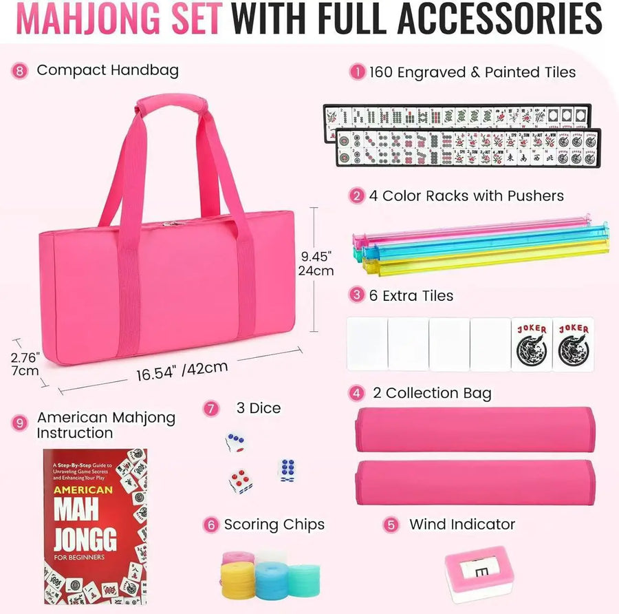 American Mahjong Set, 160 Engraved Tiles, 4 Color Racks and Pushers, Carry Bag, Dice, Scoring Chips, view 9