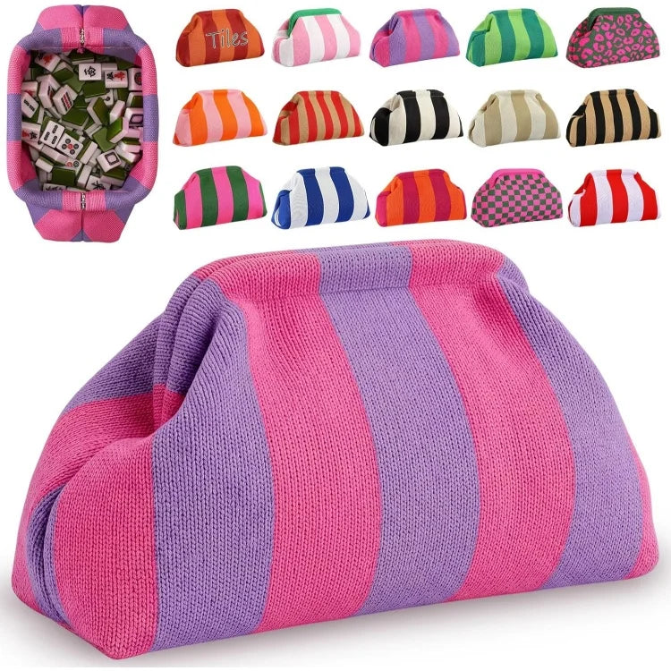 Mahjong Zipper Pouch, Striped Knit Storage Bag for Tiles, Dice and Scoring Chips, Multicolor
