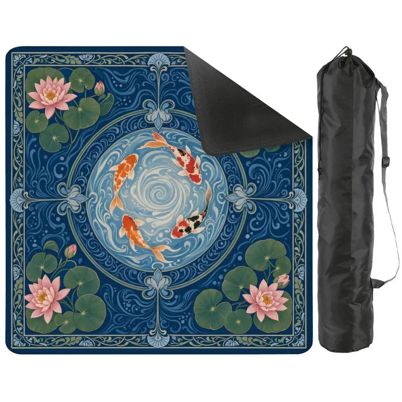 American Mahjong Mat with Storage Bag, Neoprene, Non-Slip, Noise Reducing, Koi Fish and Lotus