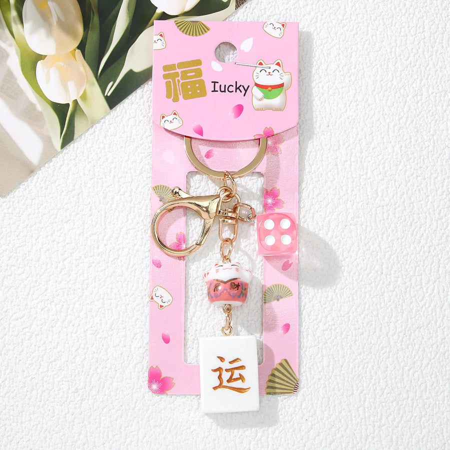 Mahjong Lucky Cat Keychain, Fortune Cat and Dice Bag Charm, Lightweight Key Ring, view 10