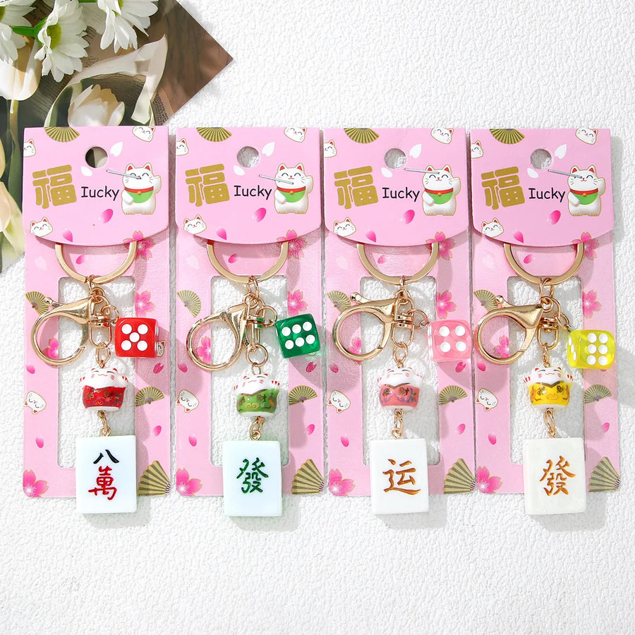 Mahjong Lucky Cat Keychain, Fortune Cat and Dice Bag Charm, Lightweight Key Ring