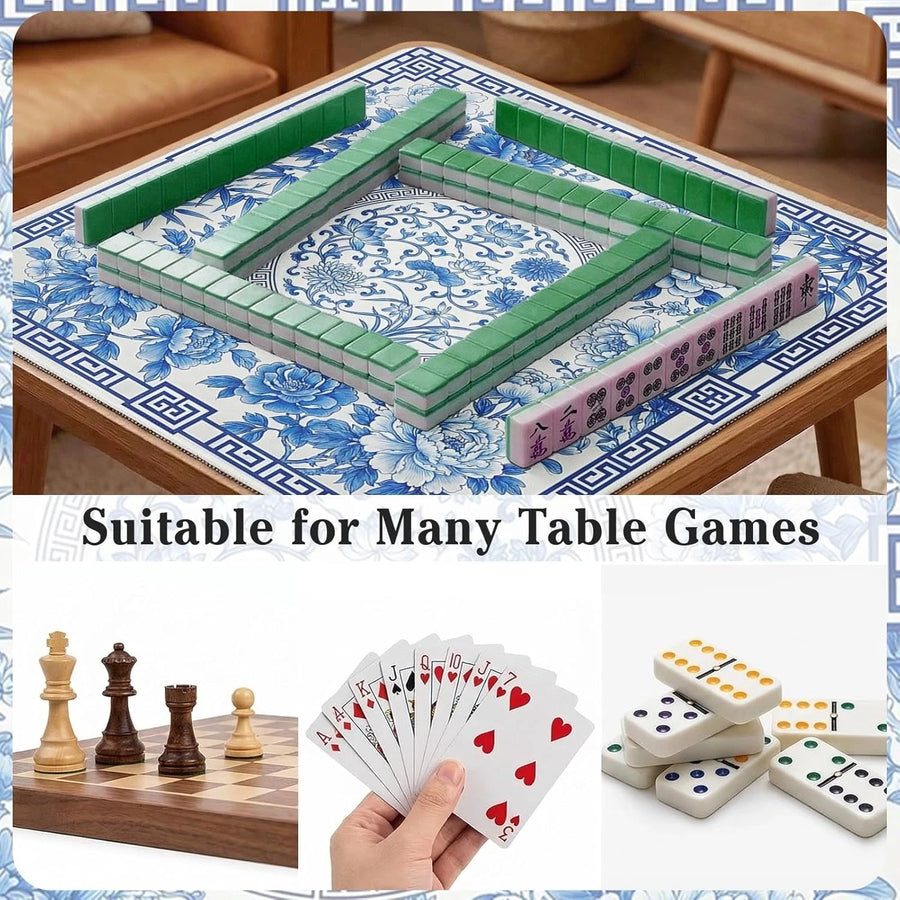 Mahjong Mat with Carrying Case, Rubber, Non-Slip, Wrinkle-Free, Blue and White Chinoiserie Peony, view 6