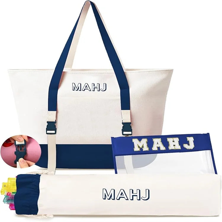 American Mahjong Storage Bags, Canvas Tote with Mat Holder and Drawstring Sleeves, Dark Blue
