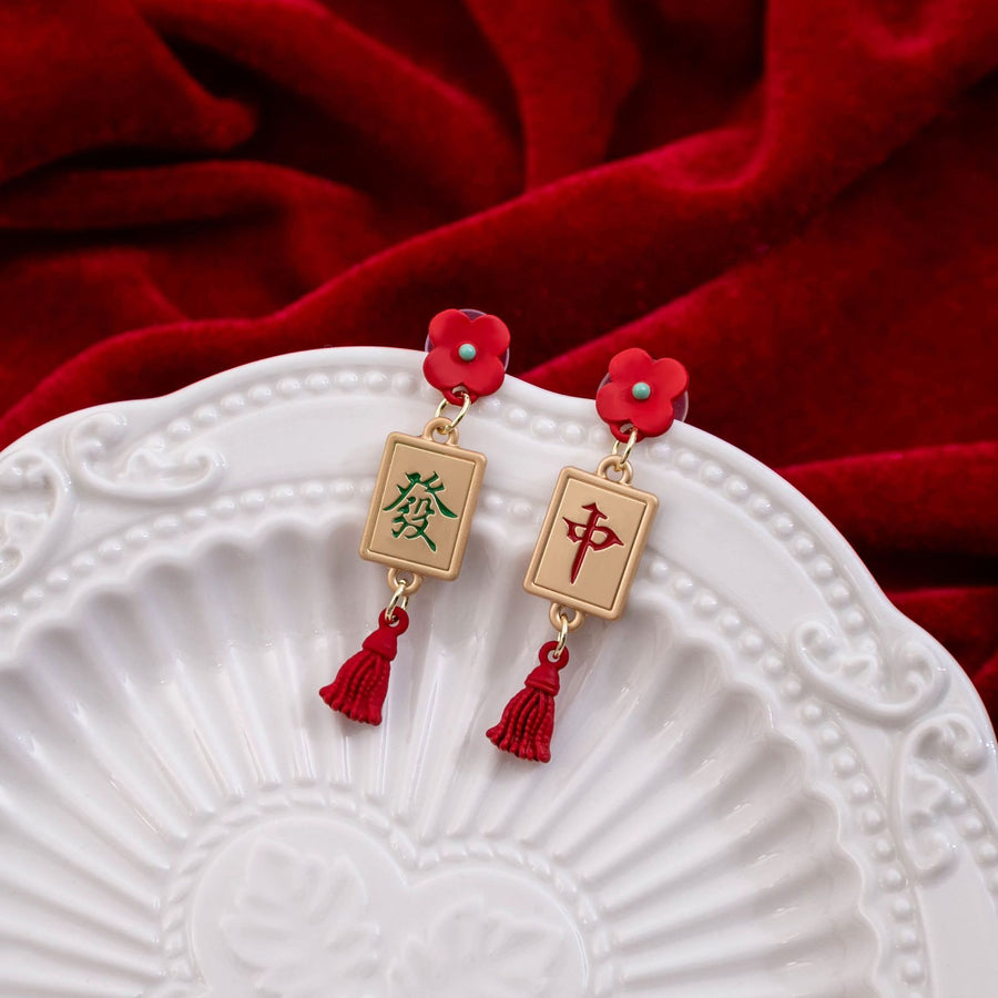 Mahjong Tassel Drop Earrings, Asymmetric, Red Flower, 1.2 x 4.7 cm