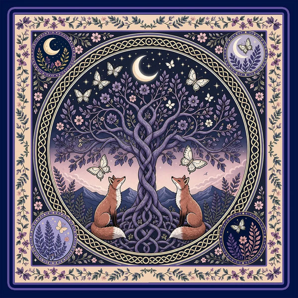 Mahjong Mat with Storage Bag, Neoprene, Non-Slip, Noise Reducing, Celtic Tree of Life, Fox, Moon and Butterfly