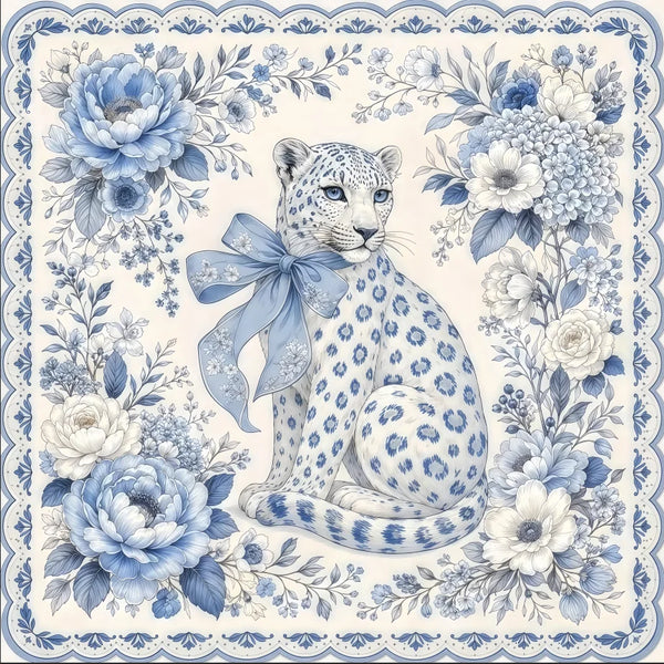 Mahjong Mat for Game Nights, Rubber, Snow Leopard with Blue Floral Accents