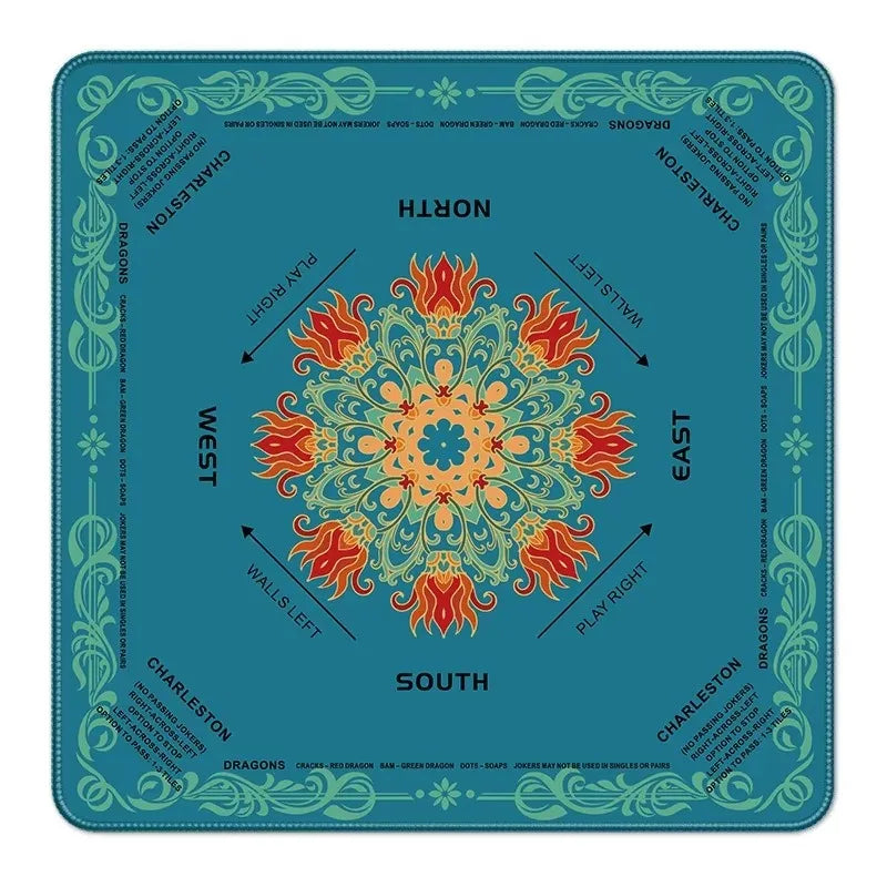 American Mahjong Mat with Printed Game Layout, Stitched Edge Square Natural Rubber, Non-Slip