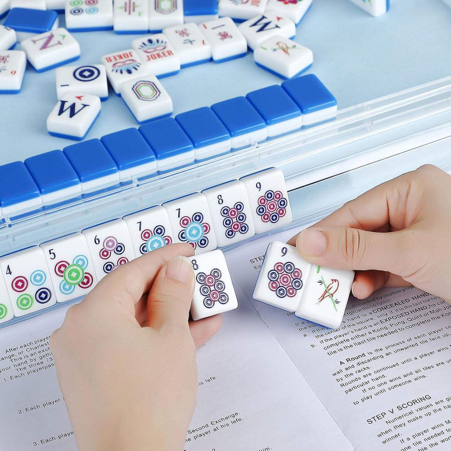 American Mahjong Set with Foldable Travel Case, Engraved Acrylic Tiles, White and Blue, view 6