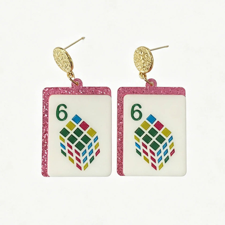 Mahjong Tile Earrings, Glitter Acrylic, Square Joker Tile Charm, view 12