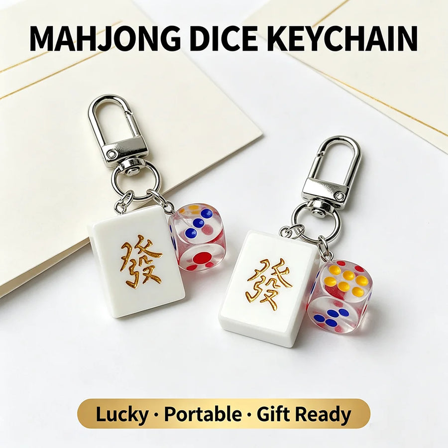 Mahjong Keychain, Resin Green Dragon Fa Tile Key Ring with Dice Pendant, view 2