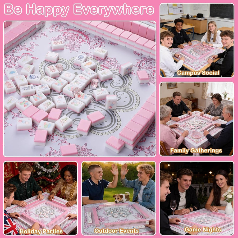 American Mahjong Tile Set, 162 Tiles, 3D Engraved Melamine, Storage Bag and Dice, Pink, view 5