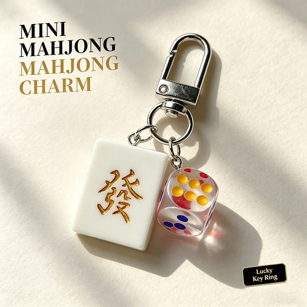 Mahjong Keychain, Resin Green Dragon Fa Tile Key Ring with Dice Pendant