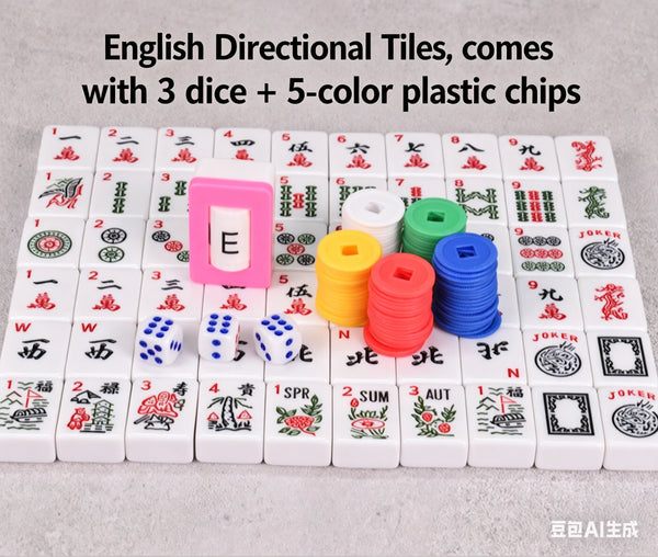 American Mahjong Accessories, Indicator Tiles with 3 Dice and Five Color Plastic Chips