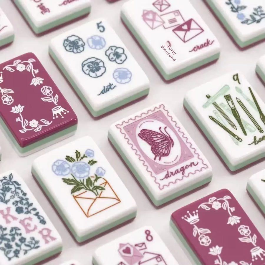 Mini American Mahjong Set, 4 Layer Color-Block Acrylic Tiles with Green Rhinestones, in Bag, view 4