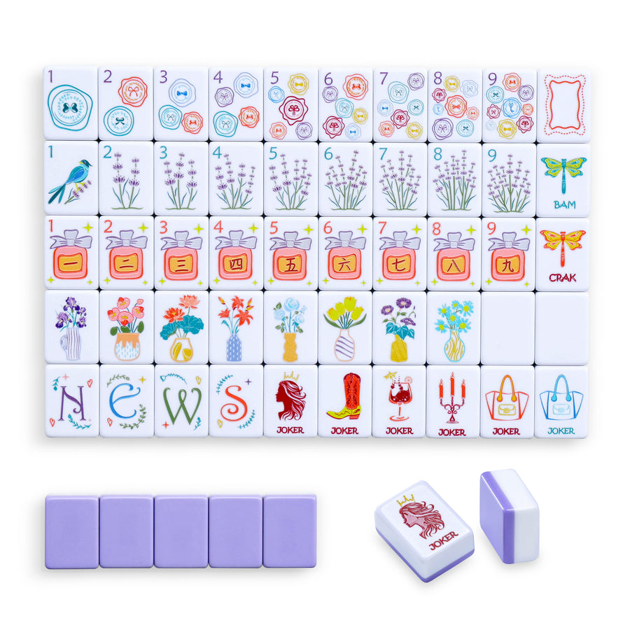 American Mahjong Set, 160 Layered Melamine Tiles, Purple Lady Floral Design