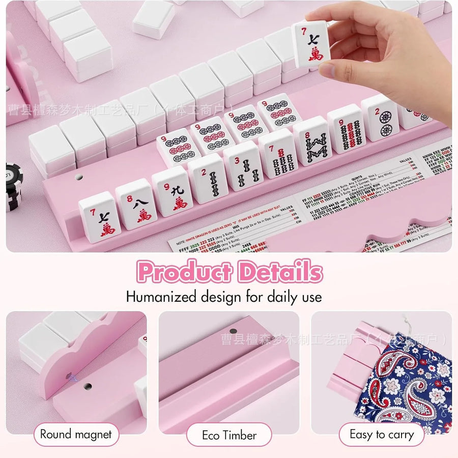 American Mahjong Rack and Tile Pusher, 17 Inch Wave Pattern Wood, Classic Style, Portable, view 4