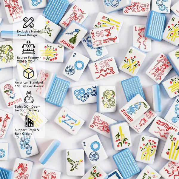 American Mahjong Set, 160 Acrylic Tiles, Blue Stripe with Bow Design, Racks and Mat Optional