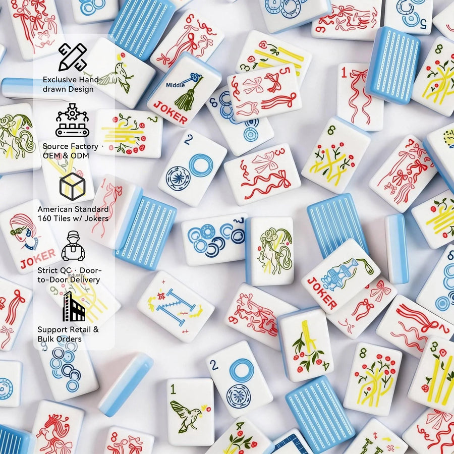 American Mahjong Set, 160 Acrylic Tiles, Blue Stripe with Bow Design, Racks and Mat Optional