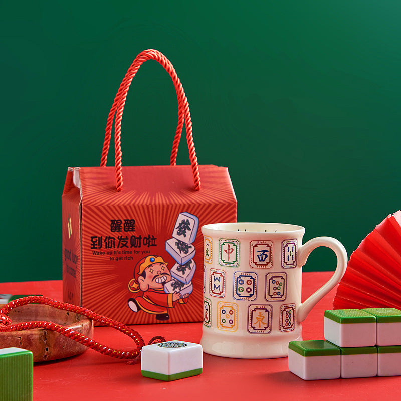 Mahjong Themed Ceramic Coffee Mug with Gift Box, Chinese Trend Style, view 5