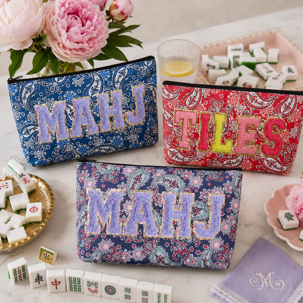 American Mahjong Tile Storage Pouch, Floral Zipper Bag with Embroidered MAHJ