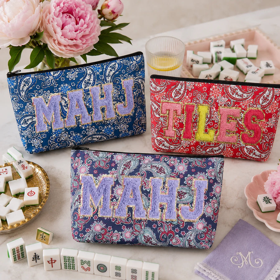 American Mahjong Tile Storage Pouch, Floral Zipper Bag with Embroidered MAHJ